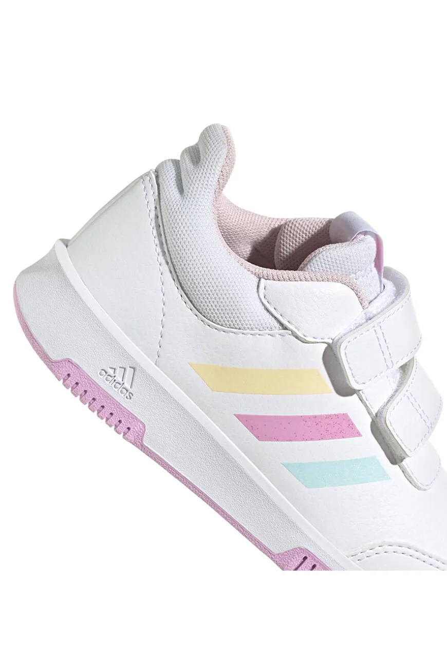 Adidas Tensaur Sport 2 CF K weiße Schuhe mit pastellfarbenen Details und Klettverschluss