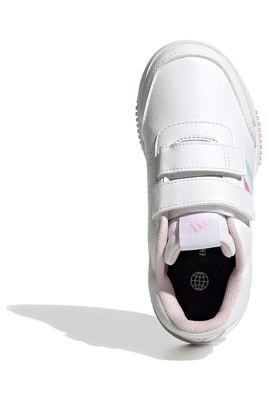 Adidas Tensaur Sport 2 CF K weiße Schuhe mit pastellfarbenen Details und Klettverschluss