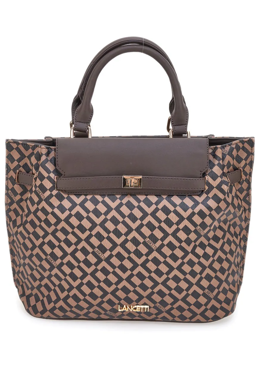 Borsa a mano marrone con stampa geometrica Lancetti LL25W-107-1