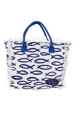 Borsa mare bianca e blu in tessuto con frange Selun beach 261020