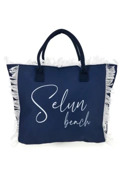 Borsa mare blu in tessuto con frange Selun beach 261008