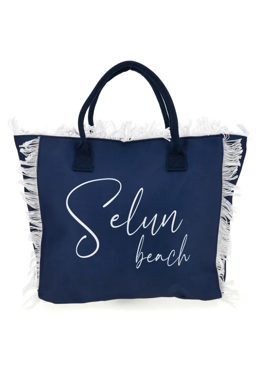 Borsa mare blu in tessuto con frange Selun beach 261008