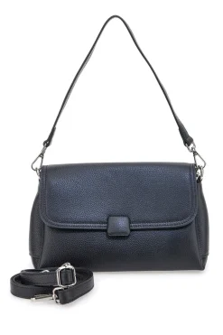 Borsa nera in vera pelle con manico corto e tracolla First Lady SL 68870