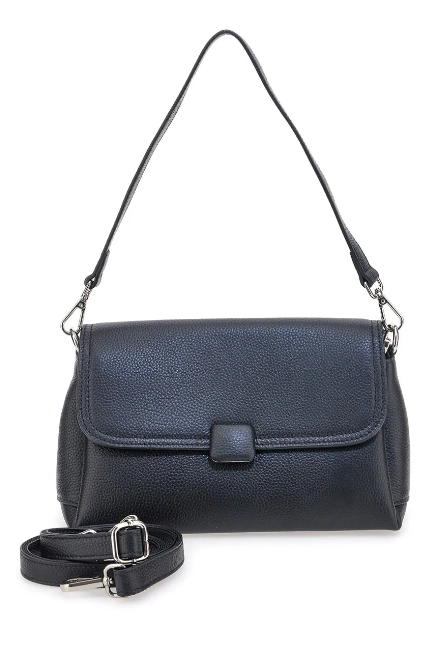 Borsa nera in vera pelle con manico corto e tracolla First Lady SL 68870