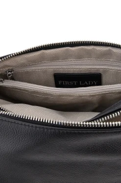 Borsa nera in vera pelle con manico corto e tracolla removibili First Lady SL 58809