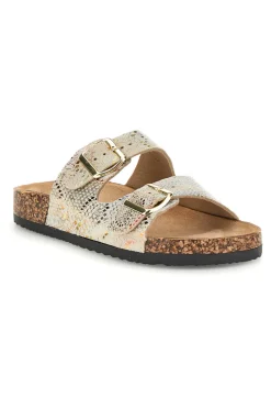 Ciabatte Beige con trama multicolore pitonata e doppia fibbia Prima riga 14601