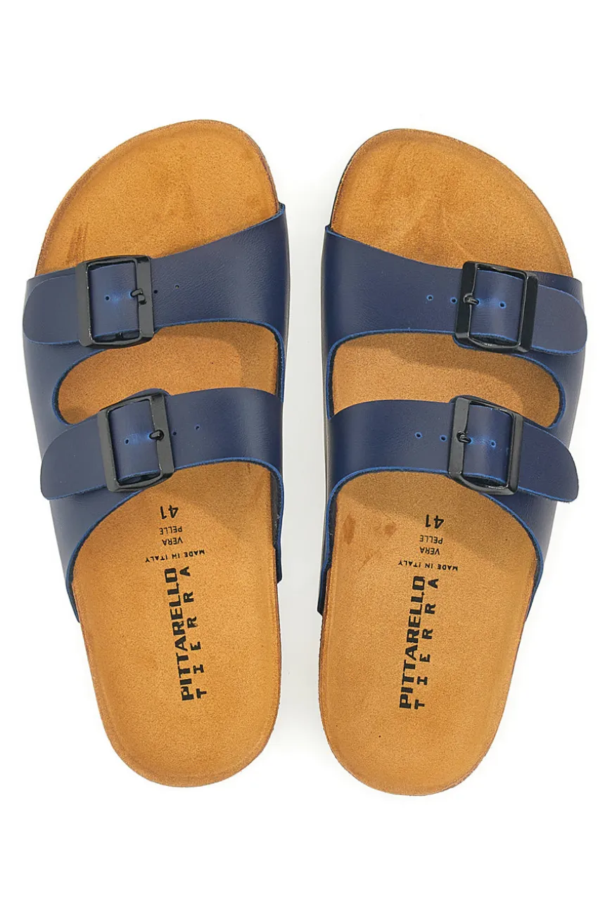 Ciabatte blu con doppia fibbia e sottopiede in pelle Made in Italy Pittarello Tierra 335A038SR
