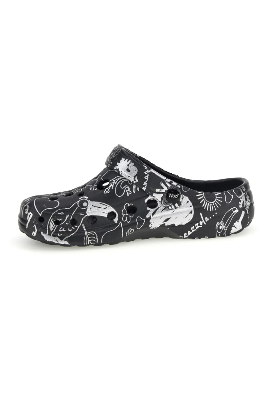 Ciabatte clog nere con stampa Woz 6
