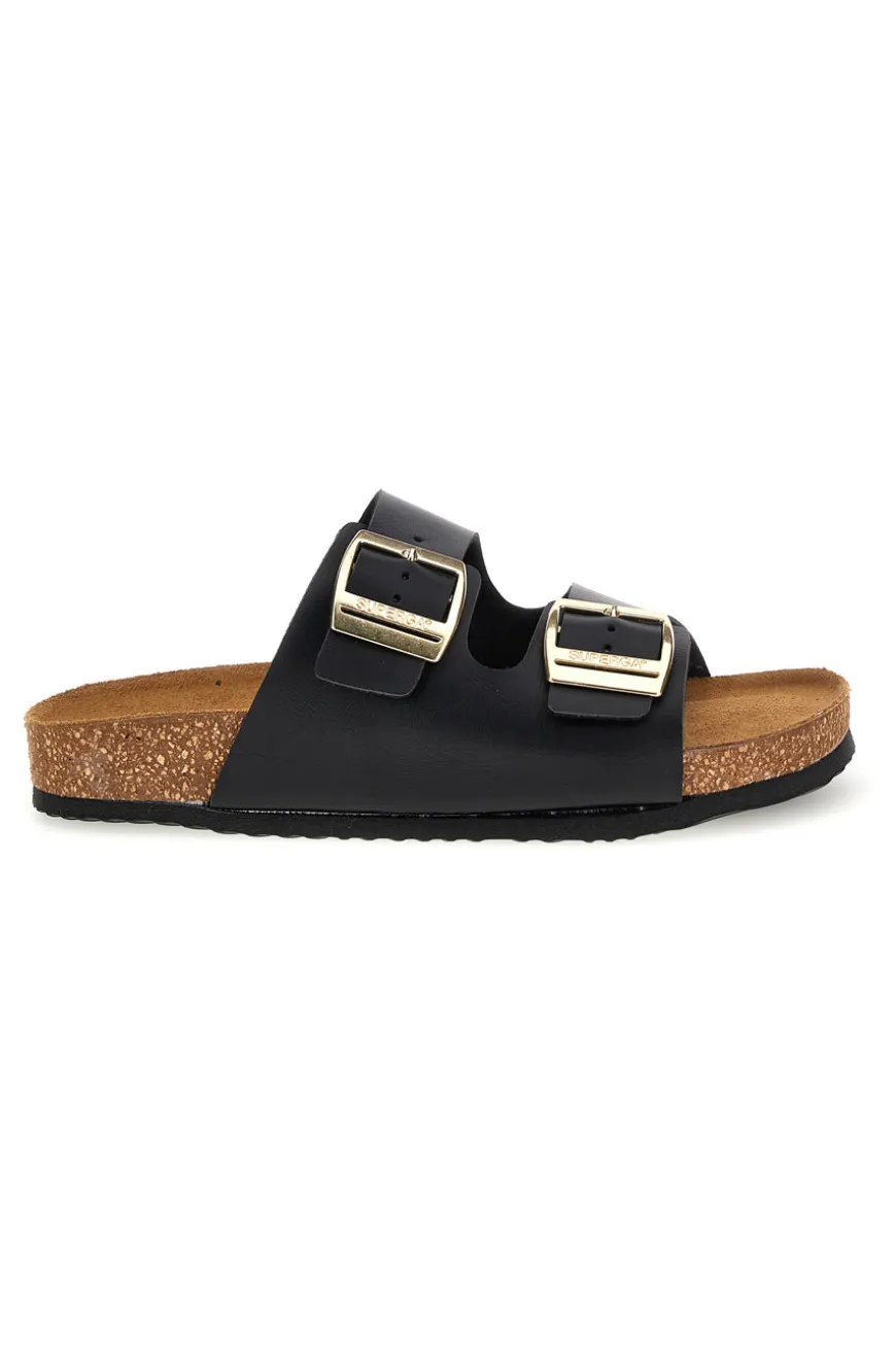 Ciabatte nere con doppia fascia regolabile Made in Italy in vera pelle Superga S31C731