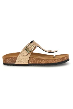 Goldfarbene Zehenstegslipper mit Glitzer und Lederinnensohle Superga S31Y820