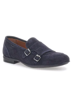 Mocassini da uomo blu scuro con doppia fibbia in pelle calzata ampia Ptr 4077