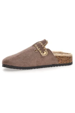 Pantofole taupe con fibbia e interno con pelo Altemberg 1107