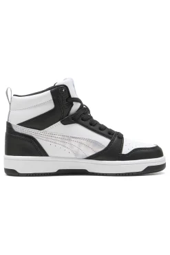 Puma Rebound V6 Mid Space Belle Jr – Schwarze und weiße High-Top-Sneaker mit schillernden Details