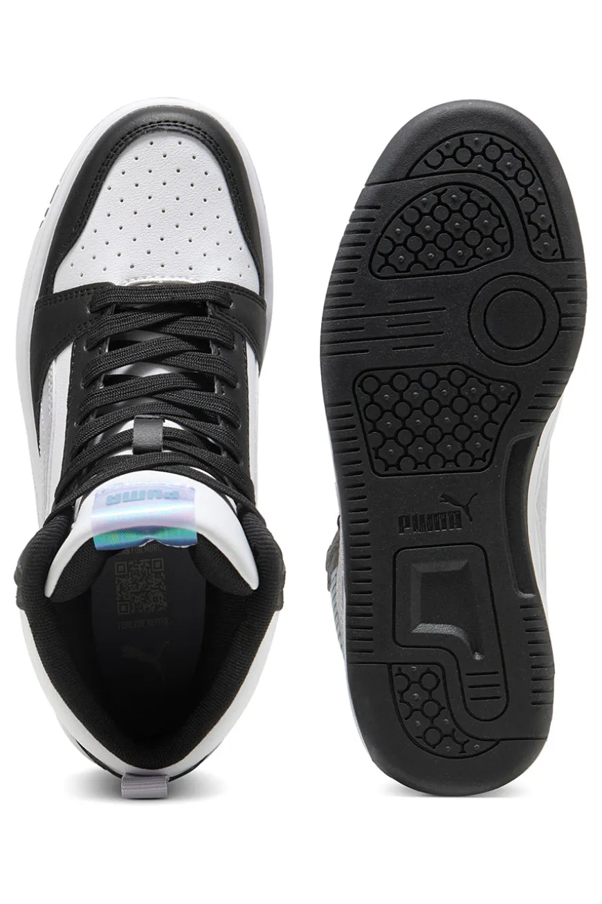 Puma Rebound V6 Mid Space Belle Jr – Schwarze und weiße High-Top-Sneaker mit schillernden Details