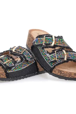 Sandali neri con perline multicolor e doppia fibbia Dame Rose APY66