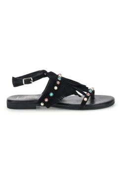 Sandali neri in vera pelle infradito con frange e borchie Pittarello look IF6856