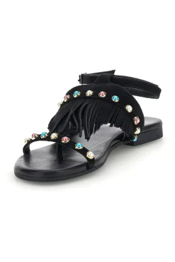 Sandali neri in vera pelle infradito con frange e borchie Pittarello look IF6856