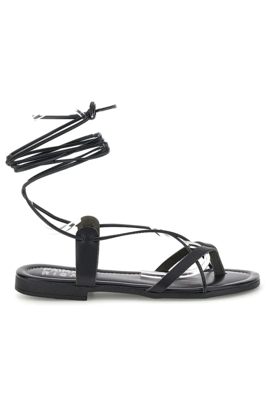 Sandali neri in vera pelle Made in Italy con lacci Prima riga 711