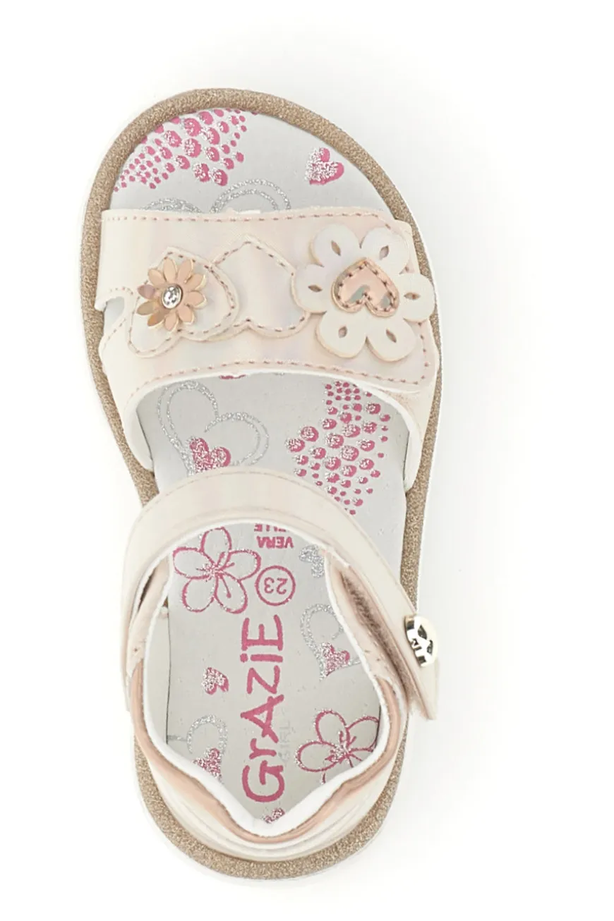 Sandalo Rosa Cipria Metallizzato con Applicazione Floreale e Strappo Grazie Girl 23012