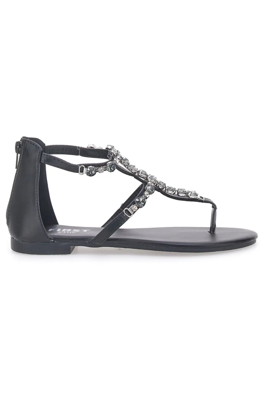 Schwarze Flip-Flop-Sandalen mit Schmucksteinen und Reißverschluss hinten THE FIRST CHIC PREA482