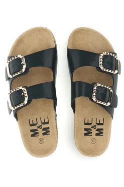 Schwarze Hausschuhe mit doppeltem Riemen und Zierschnallen Me & Me 14604