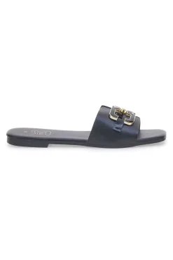 Schwarze Hausschuhe mit Maxi-Quadratkette MON DIEU PRE5413P