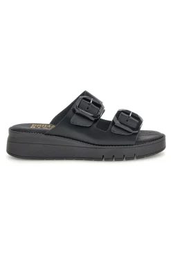 Schwarzer Slipper mit doppeltem Riemen und Schnallen Prima riga V113