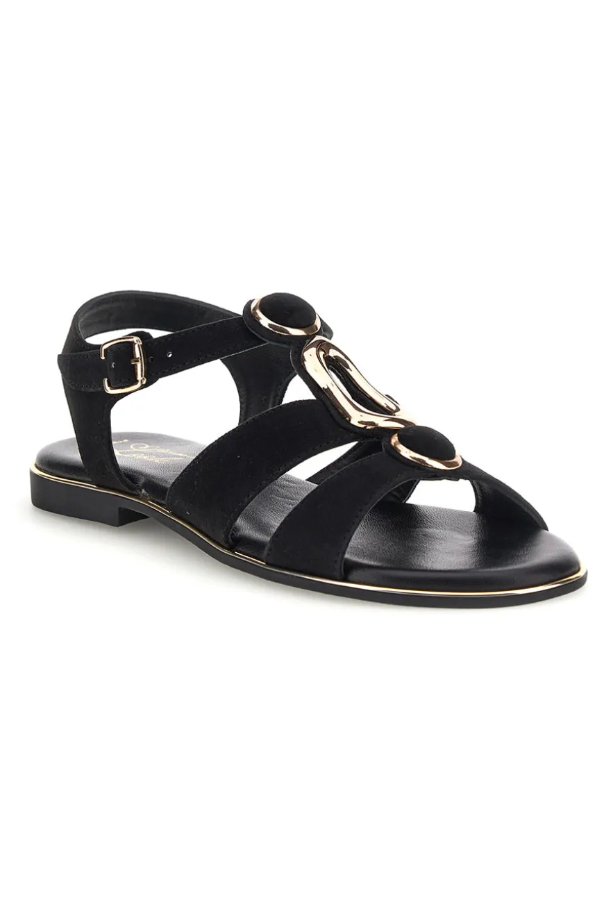 Schwarze Sandalen aus echtem Leder mit ovalen Metall-Accessoires im Pittarello-Look IF10328