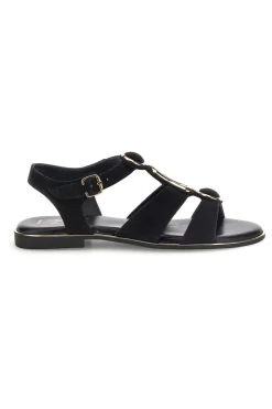 Schwarze Sandalen aus echtem Leder mit ovalen Metall-Accessoires im Pittarello-Look IF10328