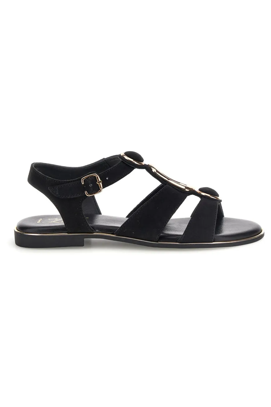 Schwarze Sandalen aus echtem Leder mit ovalen Metall-Accessoires im Pittarello-Look IF10328