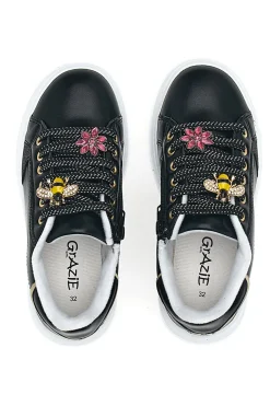 Schwarze Sneakers mit Blumenapplikationen an den Schnürsenkeln Grazie Girl 153917