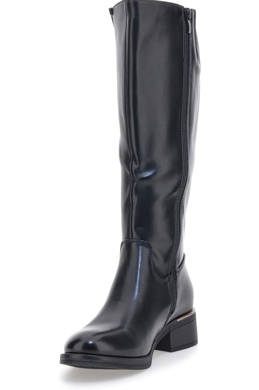 Schwarze Stiefel mit metallischen Einsätzen und niedrigem Absatz Energy I256