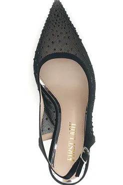 Schwarze Tüll Slingback Pumps mit Strasssteinen First Lady P656