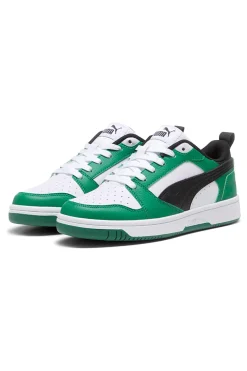 Sneakers basse bianche verdi e nere stile basket Puma Rebound V6 Lo Jr