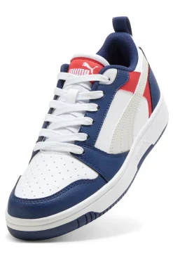 Sneakers bianche blu e rosse stile basket Puma Rebound V6 Lo Jr