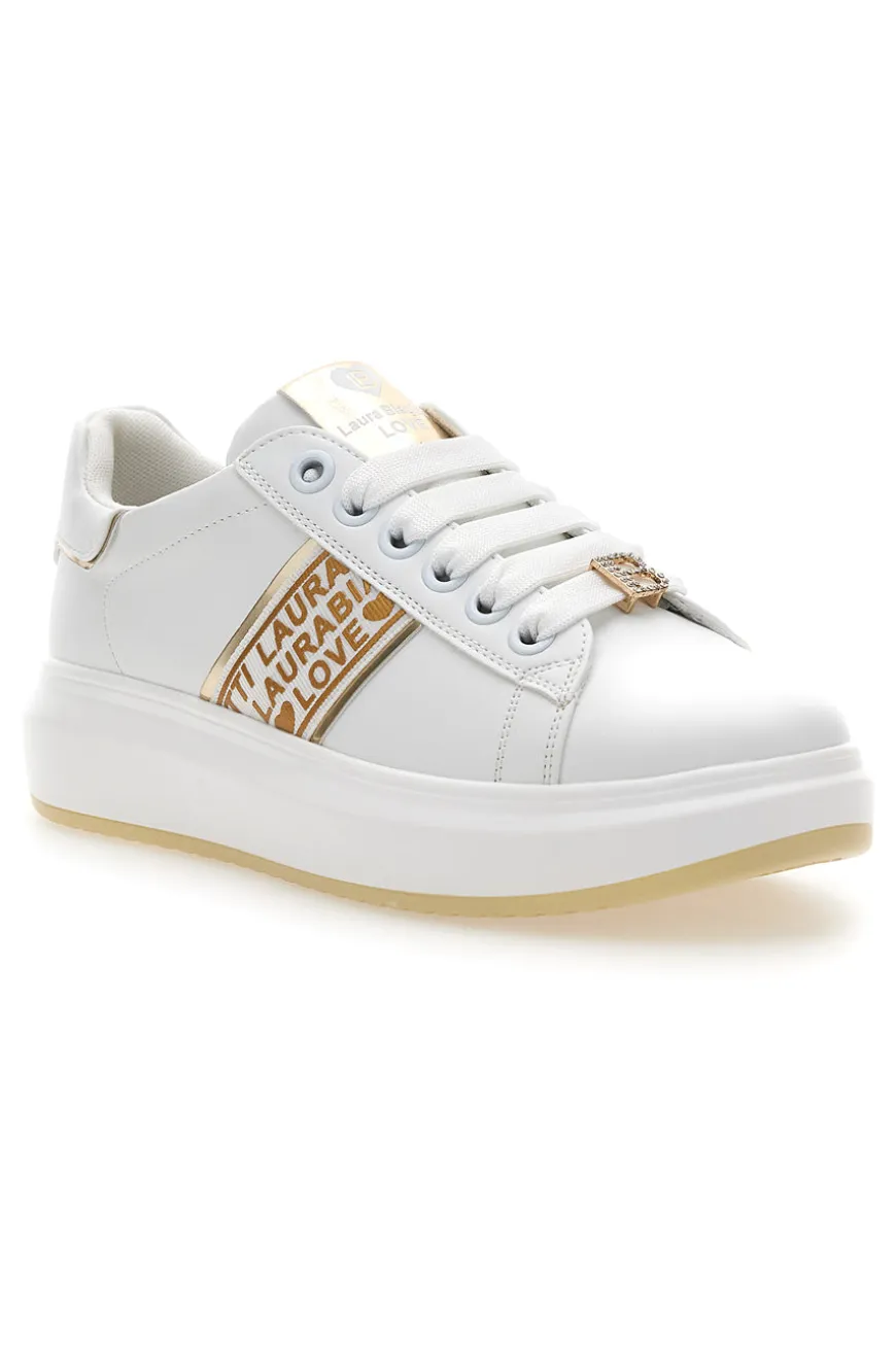 Sneakers Bianche con Bande Laterali Oro LAURA BIAGIOTTI L8945
