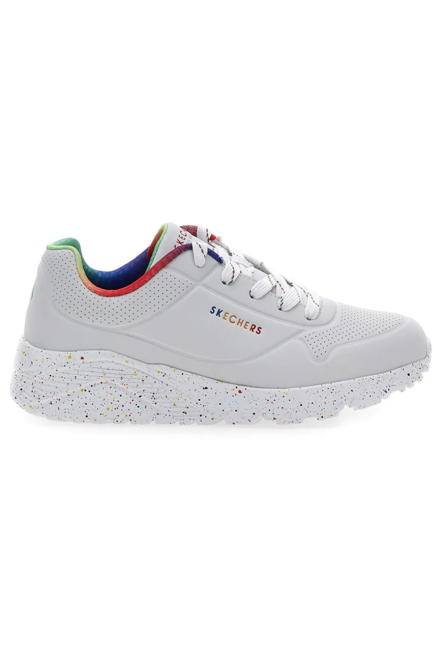Sneakers bianche con dettagli arcobaleno e suola maculata Skechers Uno Lite Rainbow Speckle