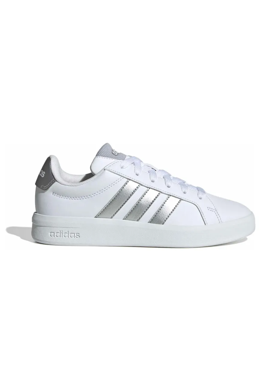 Sneakers bianche con strisce argento in pelle sintetica Adidas Grand Court 3 J