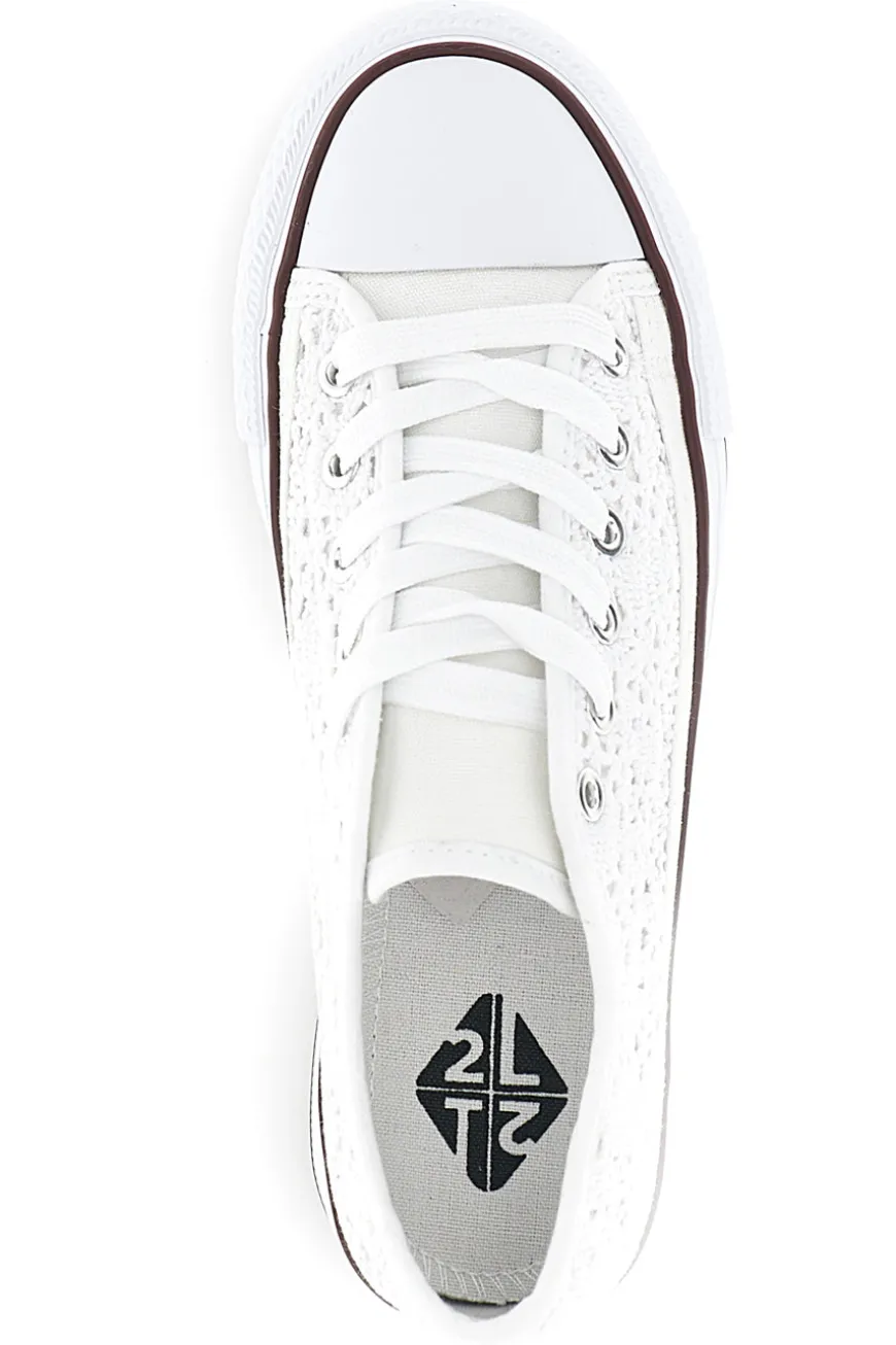 Sneakers bianche in tela con trama ricamata traforata con lacci 2T2L 8013