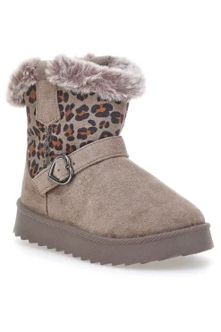 Taupefarbene Stiefeletten mit Animal-Print-Einsätzen und Fellfutter. Danke 1642