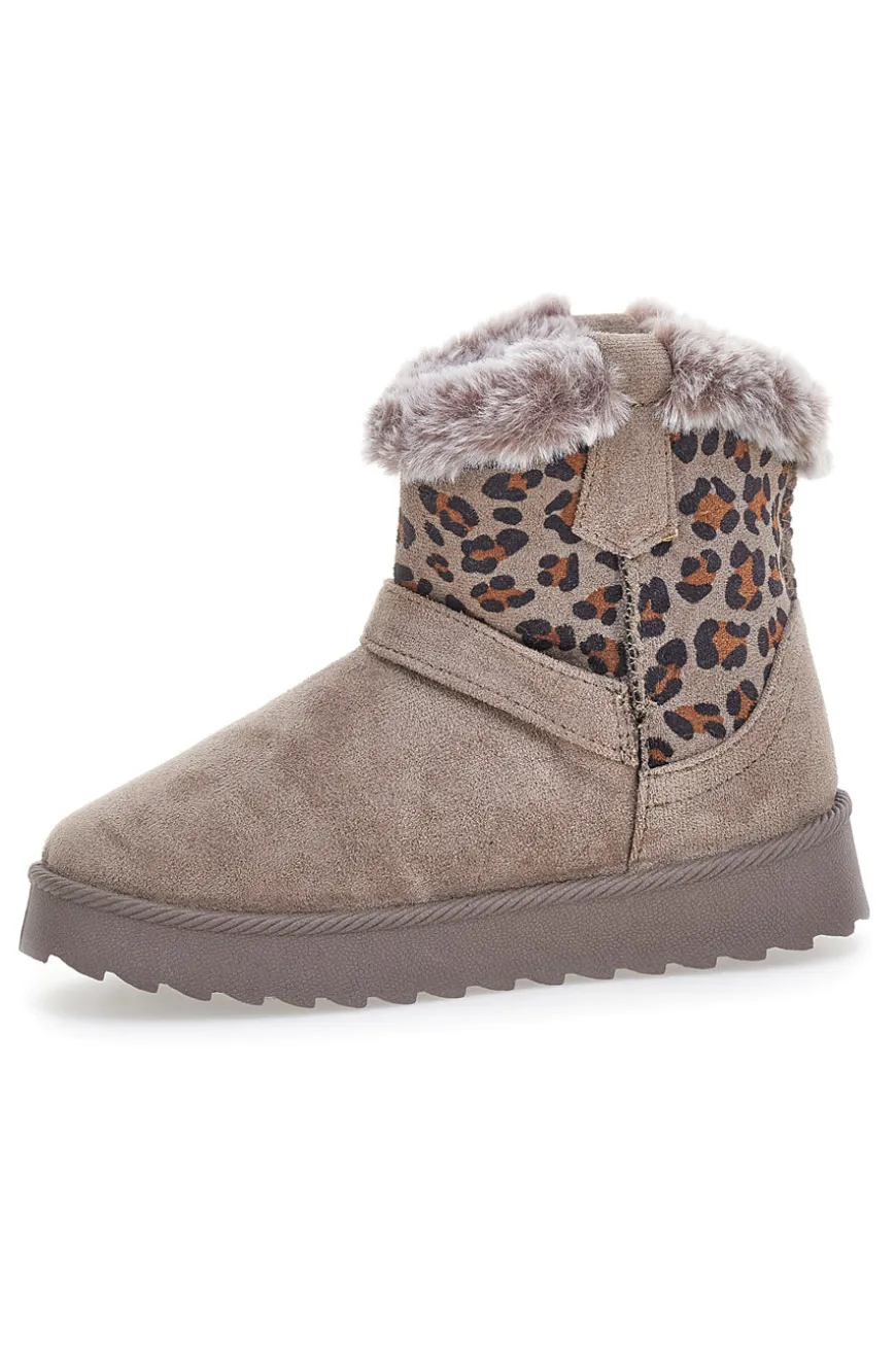 Taupefarbene Stiefeletten mit Animal-Print-Einsätzen und Fellfutter. Danke 1642