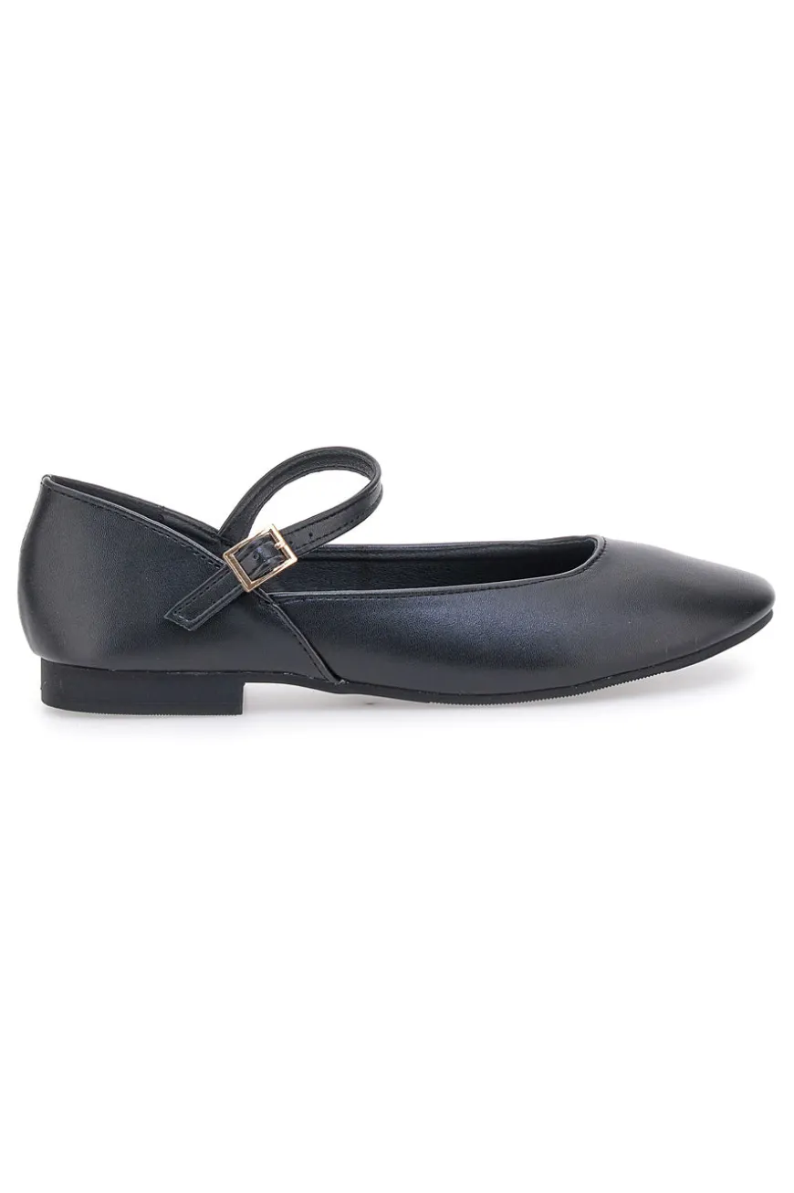 The First IDEA01 Mattschwarze Ballerinas mit Riemen