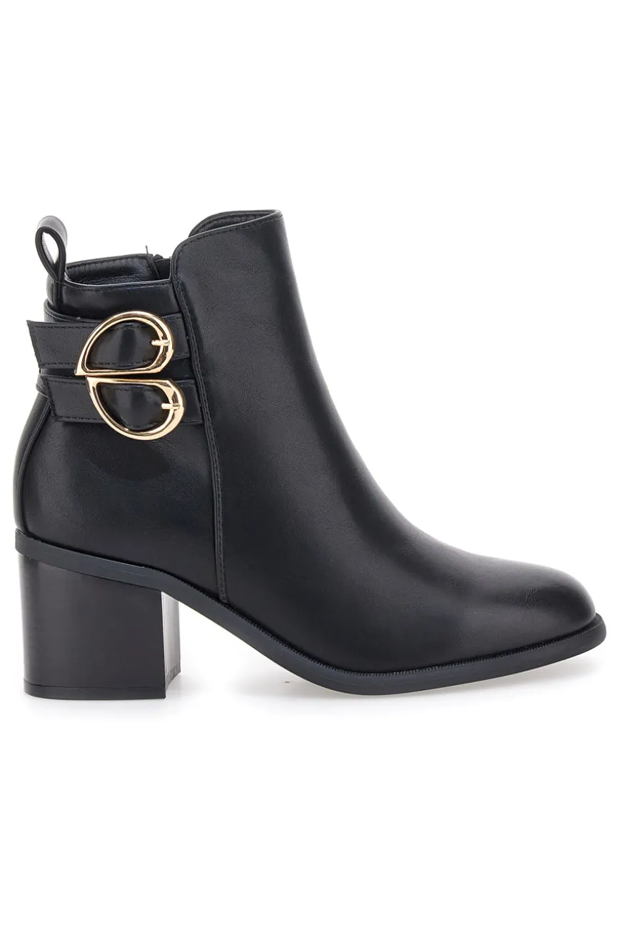 The First P635 Schwarze Stiefeletten mit Absatz und doppelter goldener Schnalle