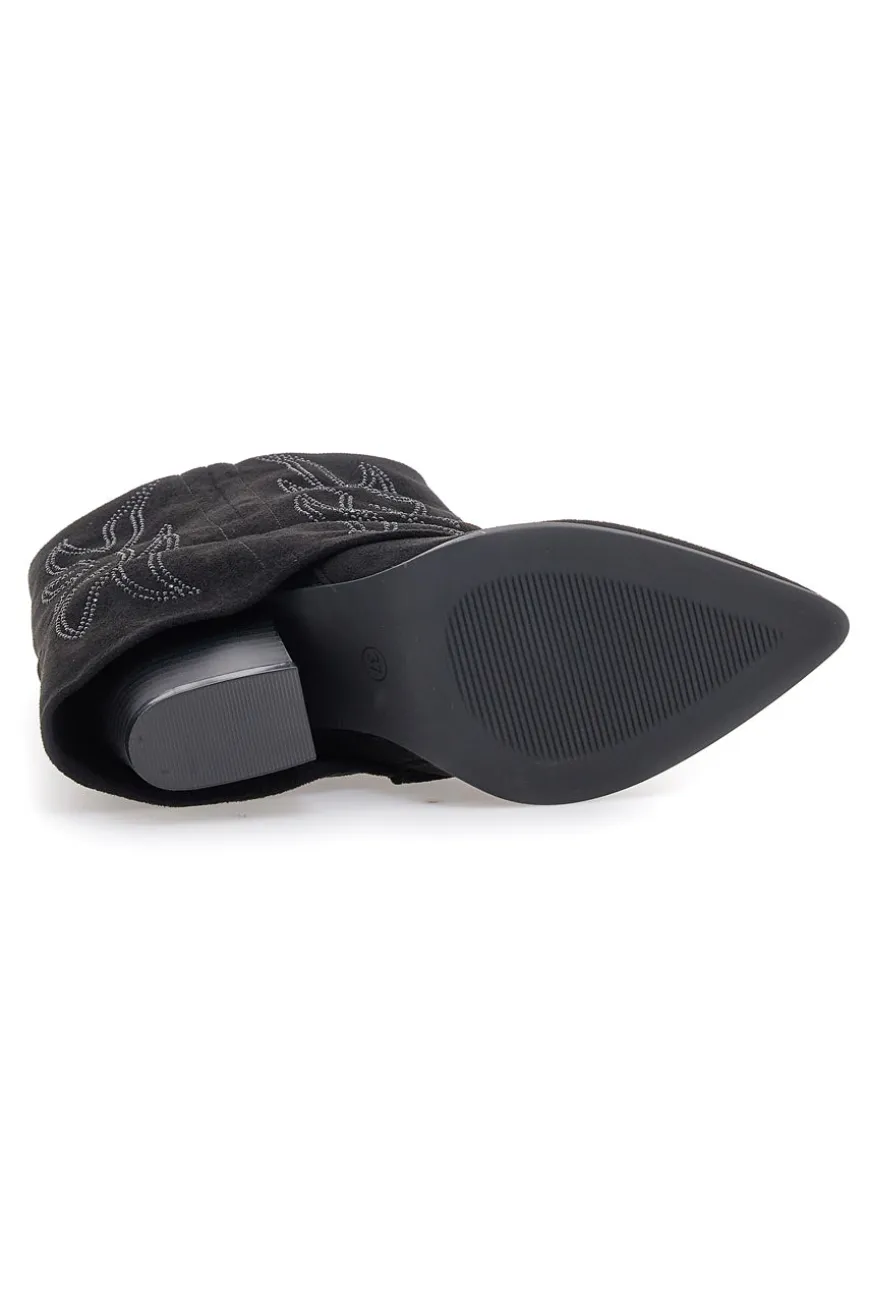 The First P608 Schwarze Stiefeletten mit Westernstickerei und hohem Absatz
