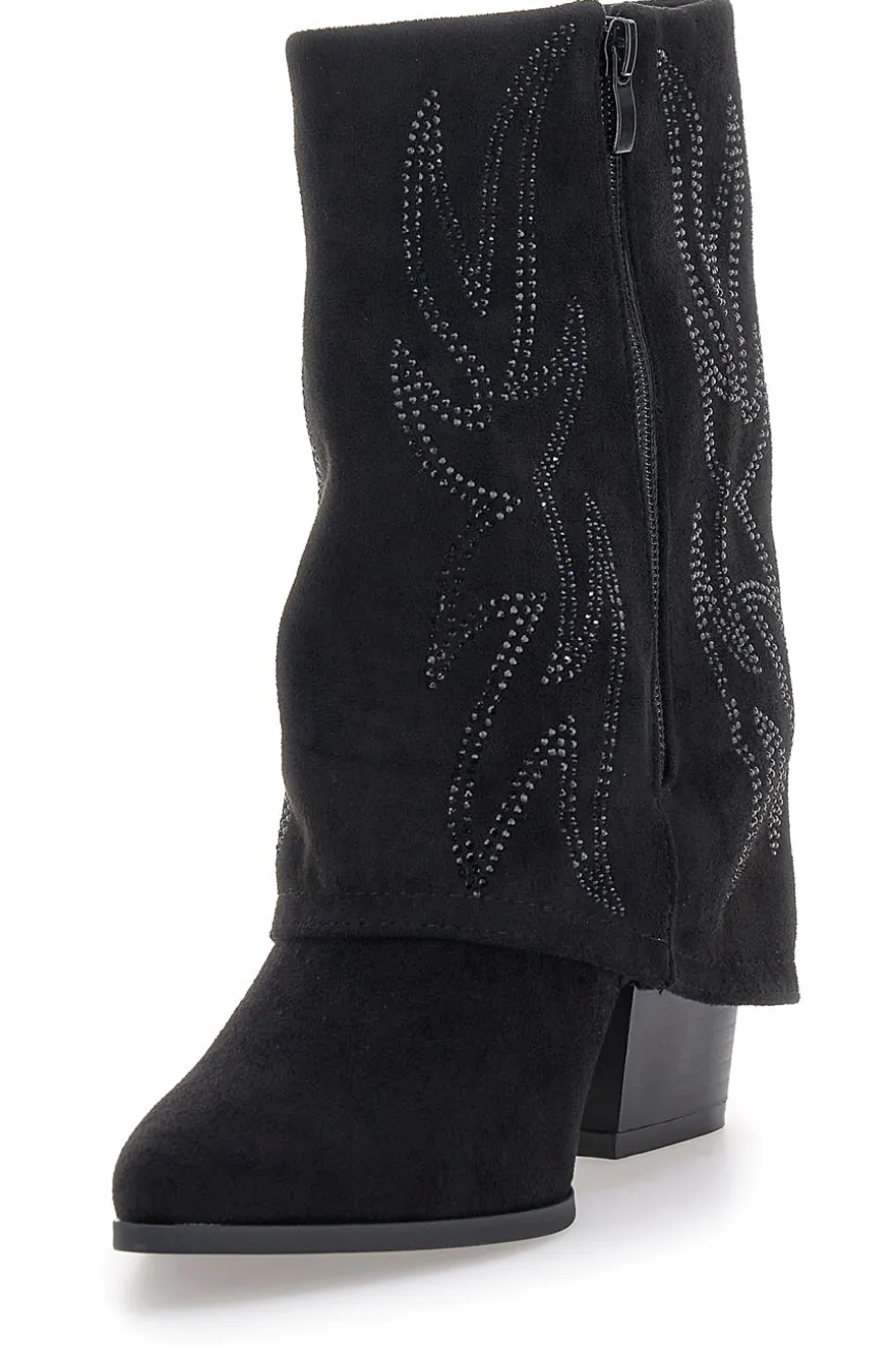 The First P608 Schwarze Stiefeletten mit Westernstickerei und hohem Absatz
