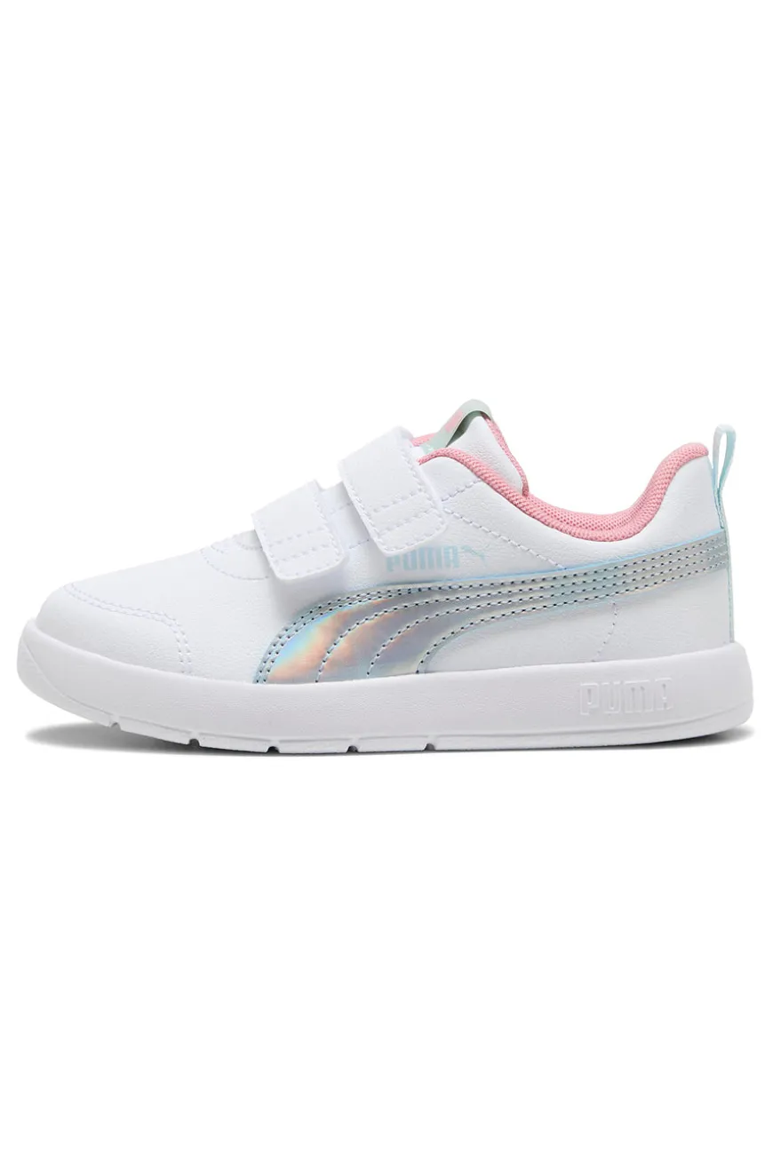 Weiße Sneaker mit blauen und rosa Details, Doppelriemen, Puma Courtflex V3 Space Belle V PS