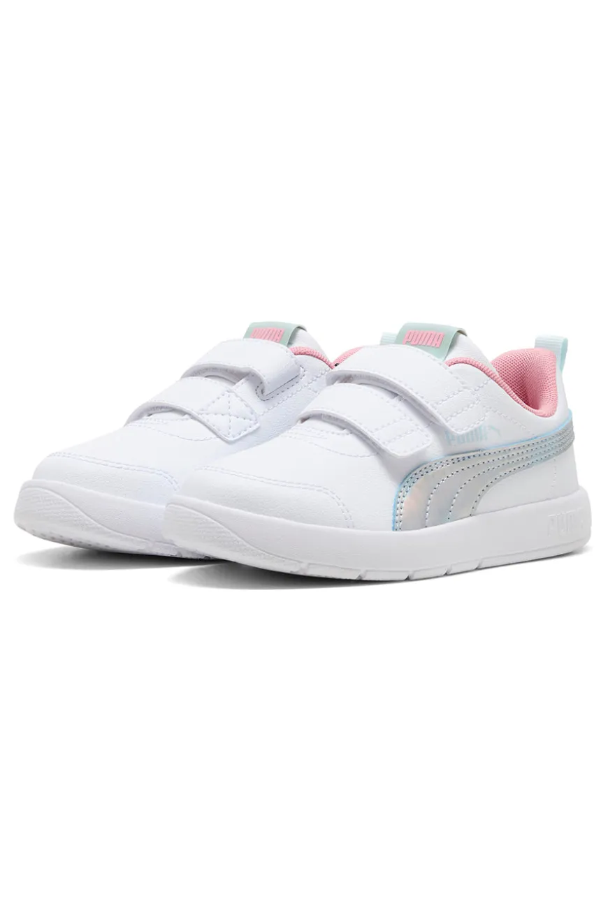 Weiße Sneaker mit blauen und rosa Details, Doppelriemen, Puma Courtflex V3 Space Belle V PS