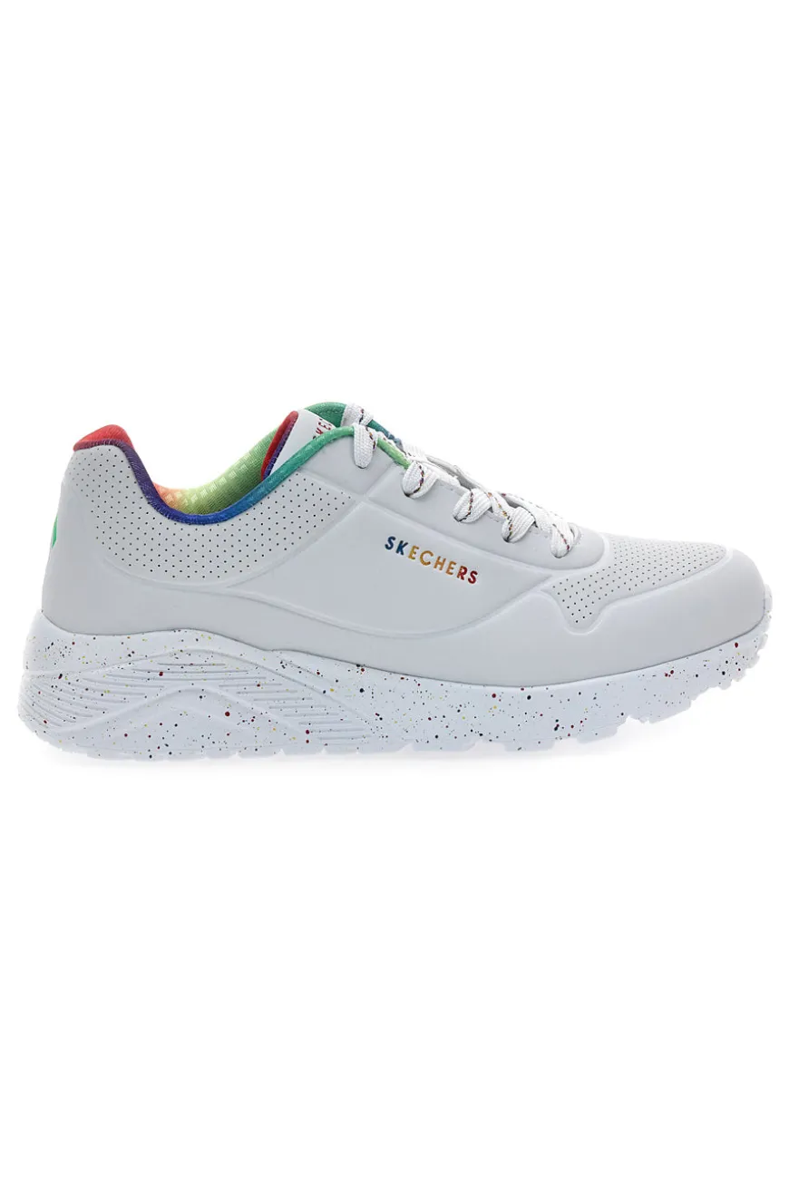 Weiße Sneakers mit Regenbogen-Sprenkelsohle Skechers Uno Lite Rainbow Speckle
