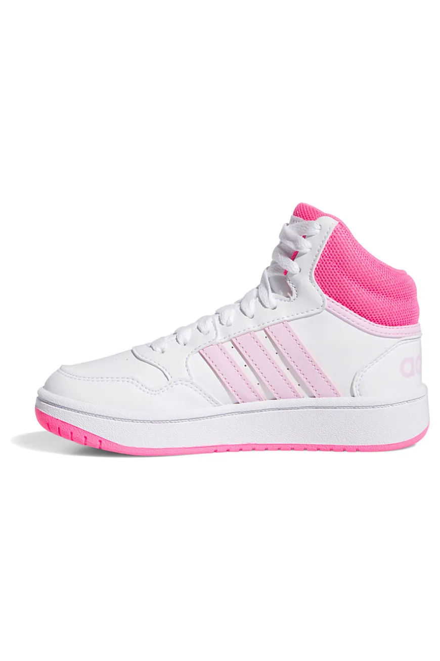 Weiße und rosa Sneaker mit Adidas Hoops 3.0 Mid K-Schnürsenkeln