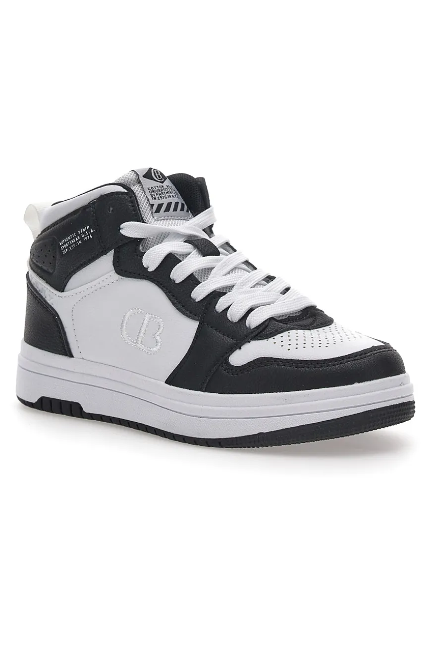 Weiße und schwarze Kobe Tumble-Sneaker aus Baumwolle mit Gürtel